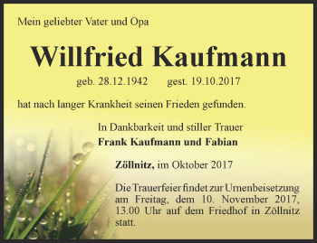 Traueranzeige von Willfried Kaufmann von Ostthüringer Zeitung, Thüringische Landeszeitung