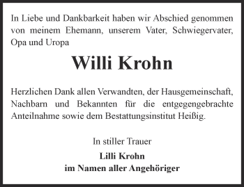 Traueranzeige von Willi Krohn