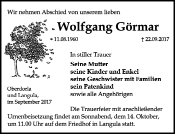 Traueranzeige von Wolfgang Görmar von Thüringer Allgemeine, Thüringische Landeszeitung