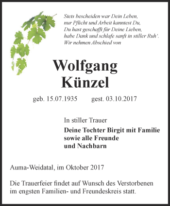 Traueranzeige von Wolfgang Künzel von Ostthüringer Zeitung