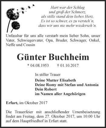 Traueranzeige von günter Buchheim von Thüringer Allgemeine, Thüringische Landeszeitung