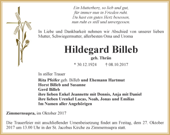 Traueranzeige von hildegard Billeb von Thüringer Allgemeine, Thüringische Landeszeitung