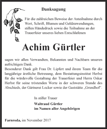 Traueranzeige von Achim Gürtler von Thüringer Allgemeine, Thüringische Landeszeitung