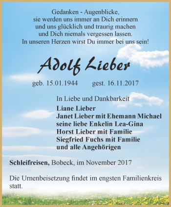 Traueranzeige von Adolf Lieber von Ostthüringer Zeitung