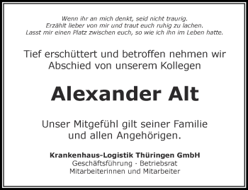 Traueranzeige von Alexander Alt von Thüringer Allgemeine, Thüringische Landeszeitung