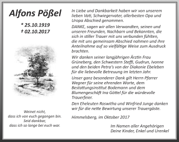 Traueranzeige von Alfons Pößel von Thüringer Allgemeine