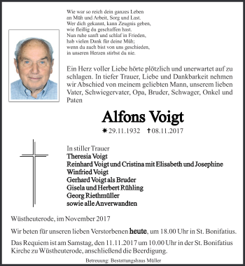 Traueranzeige von Alfons Voigt von Thüringer Allgemeine