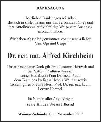 Traueranzeige von Alfred Kirchheim von Thüringer Allgemeine, Thüringische Landeszeitung