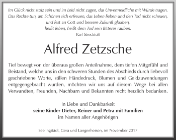 Traueranzeige von Alfred Zetzsche von Ostthüringer Zeitung