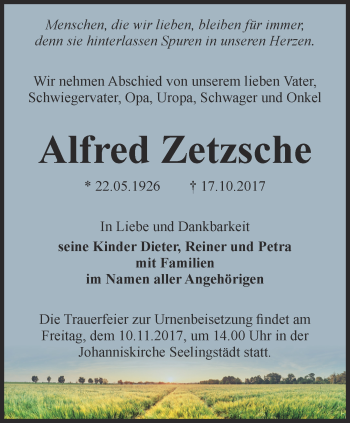 Traueranzeige von Alfred Zetzsche von Ostthüringer Zeitung