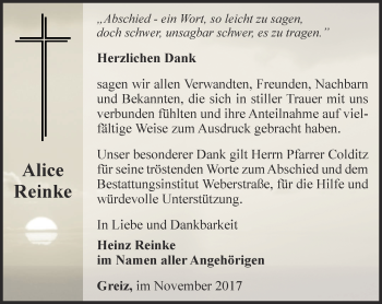 Traueranzeige von Alice Reinke