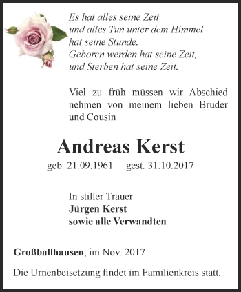 Traueranzeige von Andreas Kerst von Thüringer Allgemeine, Thüringische Landeszeitung