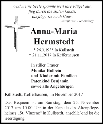 Traueranzeige von Anna-Maria Hermstedt von Thüringer Allgemeine