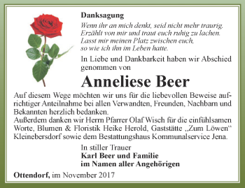 Traueranzeige von Anneliese Beer von Ostthüringer Zeitung