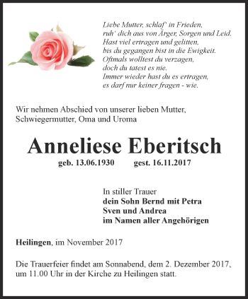 Traueranzeige von Anneliese Eberitsch von Ostthüringer Zeitung