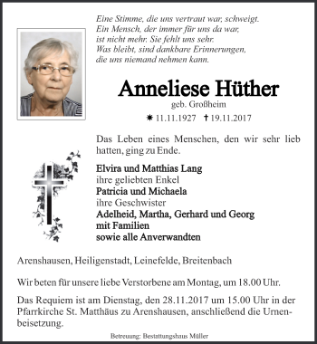 Traueranzeige von Anneliese Hüther von Thüringer Allgemeine