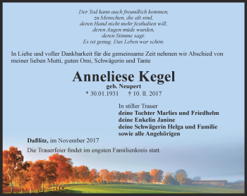 Traueranzeige von Anneliese Kegel von Ostthüringer Zeitung