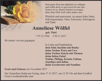 Traueranzeige von Anneliese Wölfel