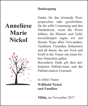 Traueranzeige von Anneliese Marie Nickol von Thüringer Allgemeine, Thüringische Landeszeitung