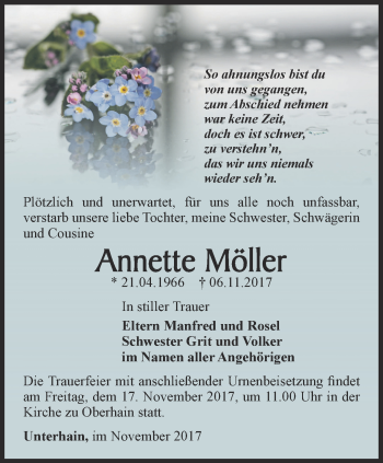 Traueranzeige von Annette Möller von Ostthüringer Zeitung