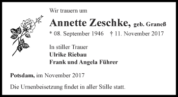 Traueranzeige von Annette Zeschke von Ostthüringer Zeitung