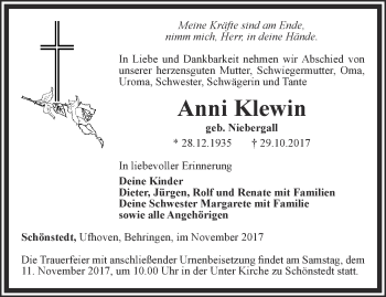 Traueranzeige von Anni Klewin von Thüringer Allgemeine, Thüringische Landeszeitung