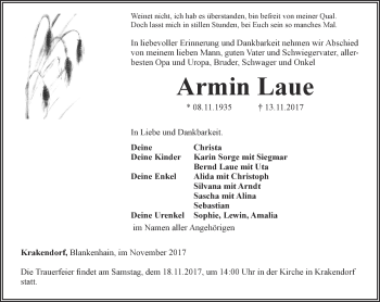 Traueranzeige von Armin Laue von Thüringer Allgemeine, Thüringische Landeszeitung