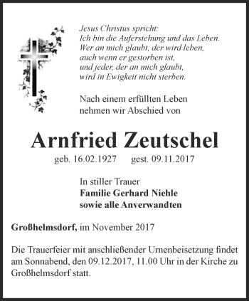 Traueranzeige von Arnfried Zeutschel von Ostthüringer Zeitung