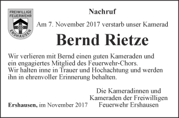 Traueranzeige von Bernd Rietze von Thüringer Allgemeine