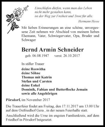 Traueranzeige von Bernd Armin Schneider von Ostthüringer Zeitung