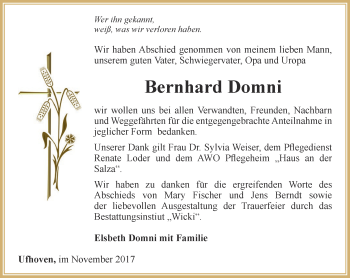 Traueranzeige von Bernhard Domni von Thüringer Allgemeine, Thüringische Landeszeitung