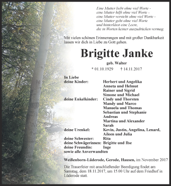 Traueranzeige von Brigitte Janke von Thüringer Allgemeine