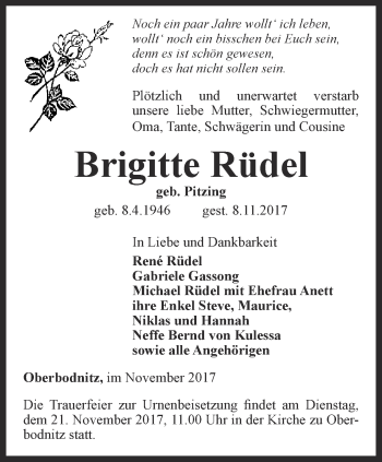 Traueranzeige von Brigitte Rüdel von Ostthüringer Zeitung