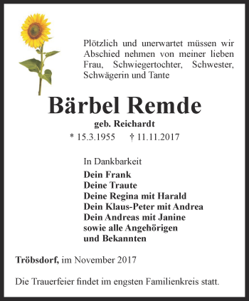 Traueranzeige von Bärbel Remde von Thüringer Allgemeine, Thüringische Landeszeitung