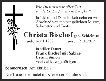 Traueranzeige von Christa Bischof von Ostthüringer Zeitung, Thüringische Landeszeitung