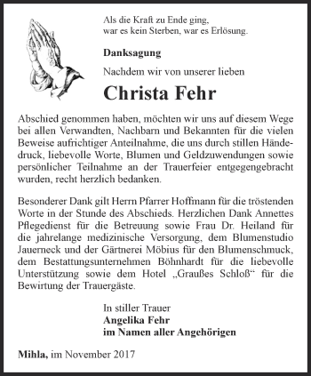 Traueranzeige von Christa Fehr von Thüringer Allgemeine, Thüringische Landeszeitung