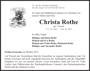 Traueranzeige von Christa Rothe von Thüringer Allgemeine, Thüringische Landeszeitung