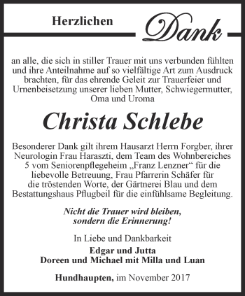 Traueranzeige von Christa Schlebe von Ostthüringer Zeitung