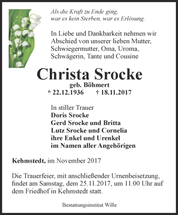 Traueranzeige von Christa Srocke von Thüringer Allgemeine