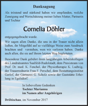 Traueranzeige von Cornelia Döhler von Ostthüringer Zeitung