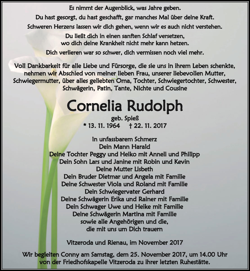 Traueranzeige für Cornelia Rudolph vom 24.11.2017 aus Thüringer Allgemeine, Thüringische Landeszeitung
