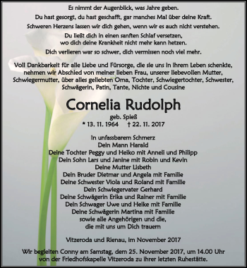 Traueranzeige von Cornelia Rudolph von Thüringer Allgemeine, Thüringische Landeszeitung