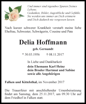 Traueranzeige von Delia Hoffmann von Thüringer Allgemeine, Thüringische Landeszeitung