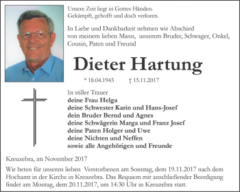 Traueranzeige von Dieter Hartung von Thüringer Allgemeine