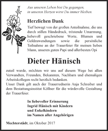Traueranzeige von Dieter Hänisch von Ostthüringer Zeitung, Thüringische Landeszeitung