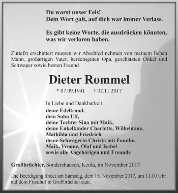 Traueranzeige von Dieter Rommel von Thüringer Allgemeine