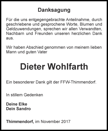 Traueranzeige von Dieter Wohlfahrt von Ostthüringer Zeitung