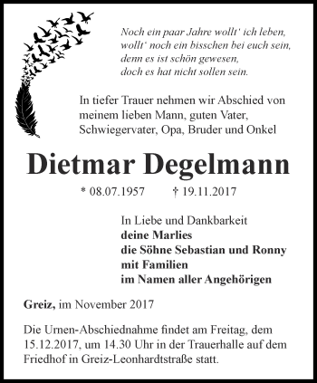 Traueranzeige von Dietmar Degelmann