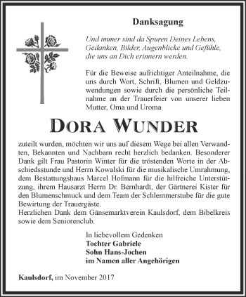 Traueranzeige von Dora Wunder von Ostthüringer Zeitung