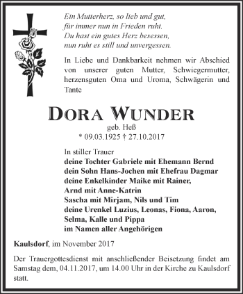 Traueranzeige von Dora Wunder von Ostthüringer Zeitung